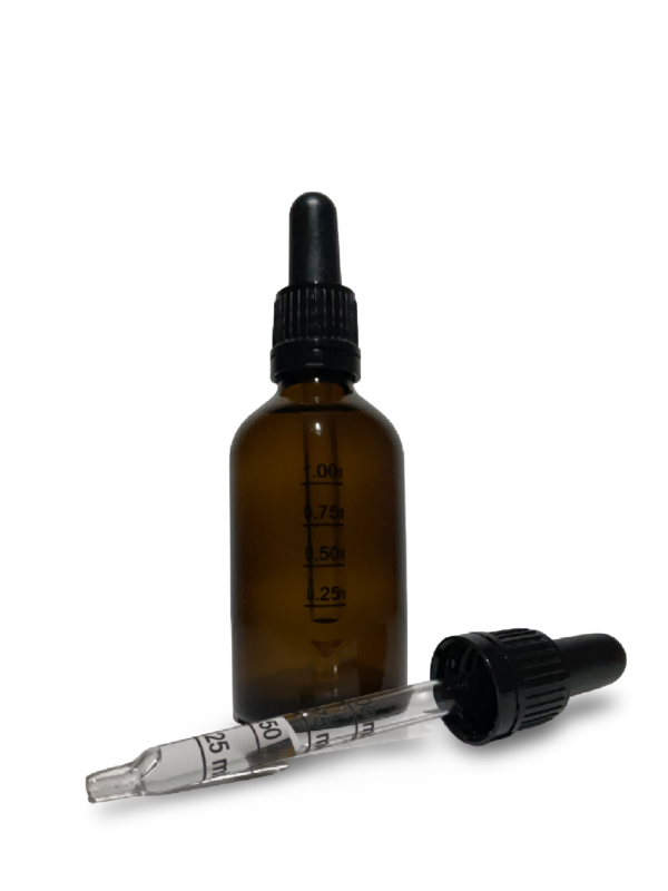 Amber glass bottle containing anti hairloss solution with black bulb graduated pipette