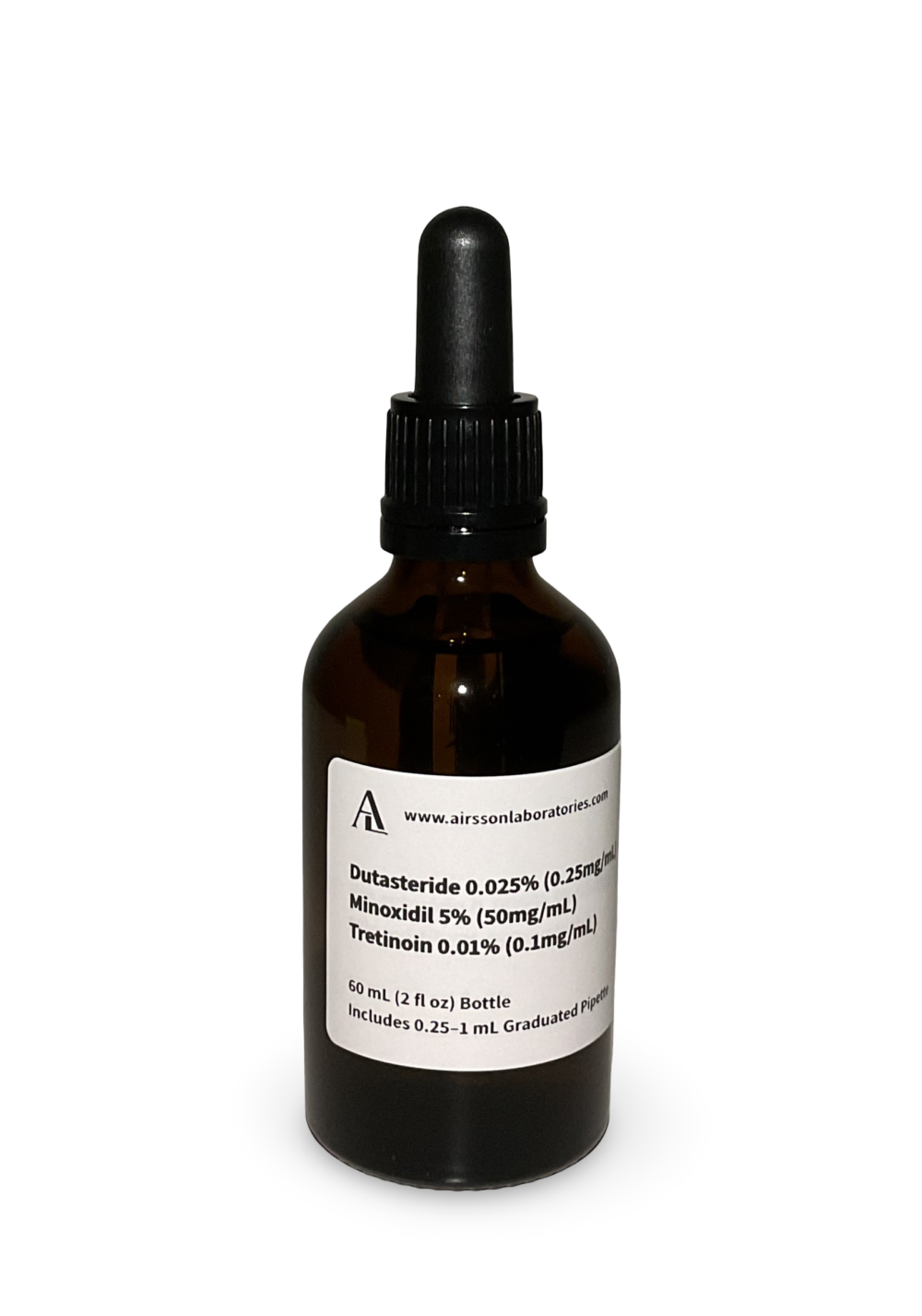 Amber glass bottle containing a Dutasteride Minoxidil Tretinoin solution with black bulb graduated pipette