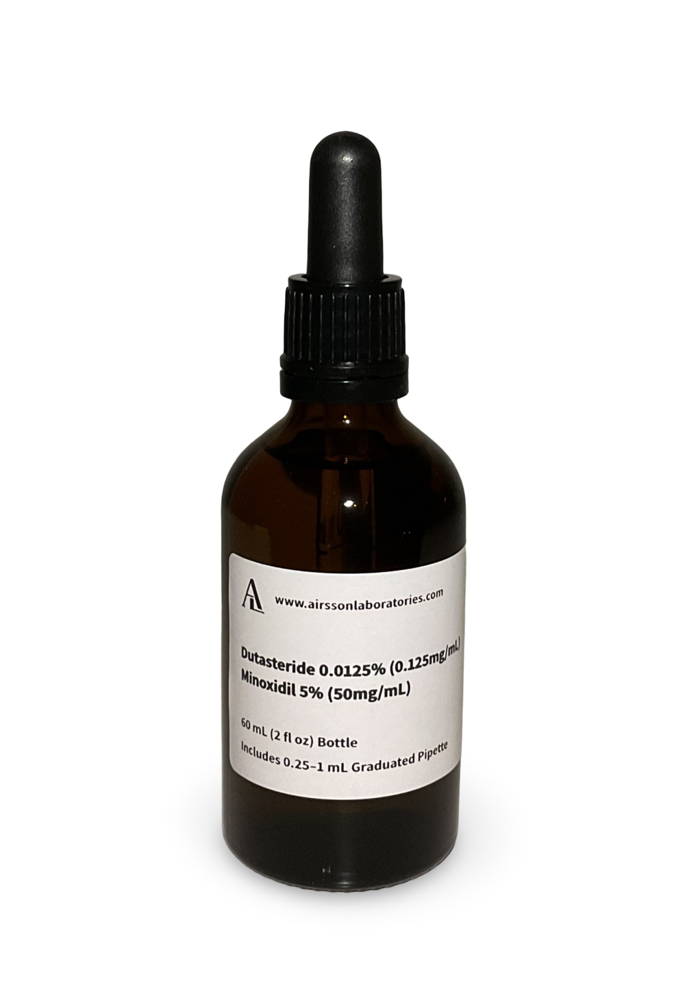 Amber glass bottle containing a Dutasteride and Minoxidil solution with black bulb graduated pipette