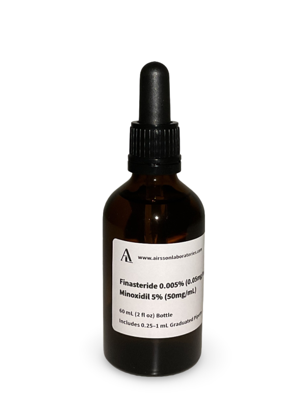 Amber glass bottle containing a Finasteride and Minoxidil solution with black bulb graduated pipette