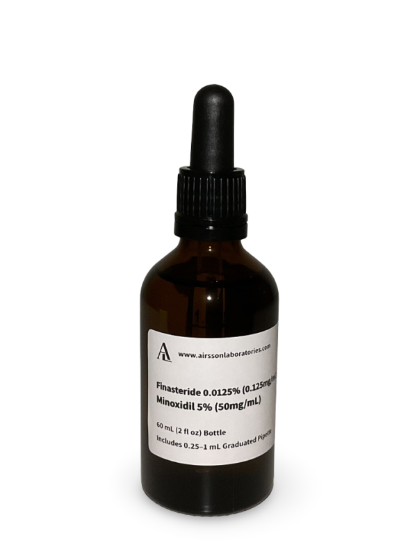 Amber glass bottle containing a Finasteride and Minoxidil solution with black bulb graduated pipette