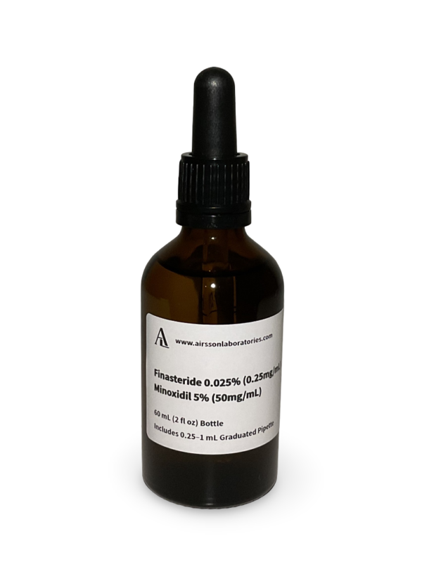 Amber glass bottle containing a Finasteride and Minoxidil solution with black bulb graduated pipette