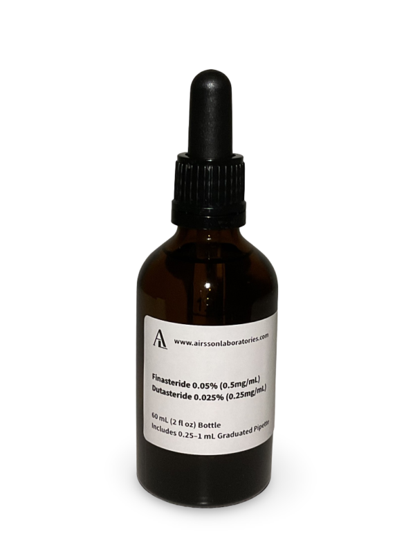 Amber glass bottle containing a Finasteride and Dutasteride solution with black bulb graduated pipette