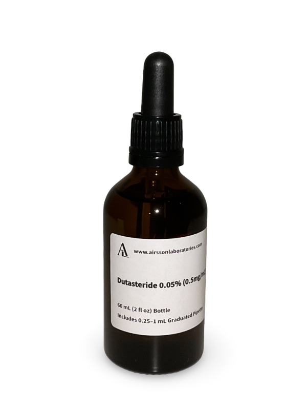 Amber glass bottle containing a Dutasteride solution with black bulb graduated pipette