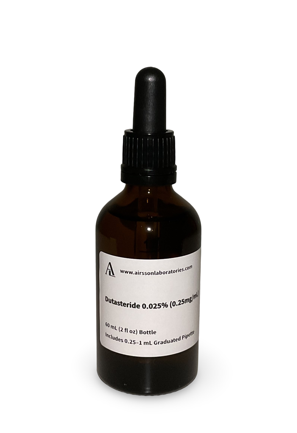 Amber glass bottle containing a Finasteride and Dutasteride solution with black bulb graduated pipette