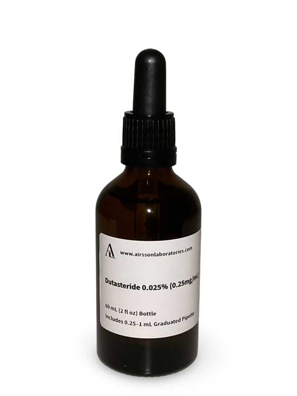 Amber glass bottle containing a Finasteride and Dutasteride solution with black bulb graduated pipette