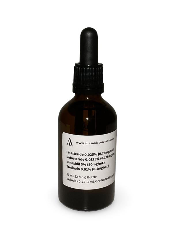 Amber glass bottle containing a Finasteride Dutasteride Minoxidil Tretinoin solution with black bulb graduated pipette