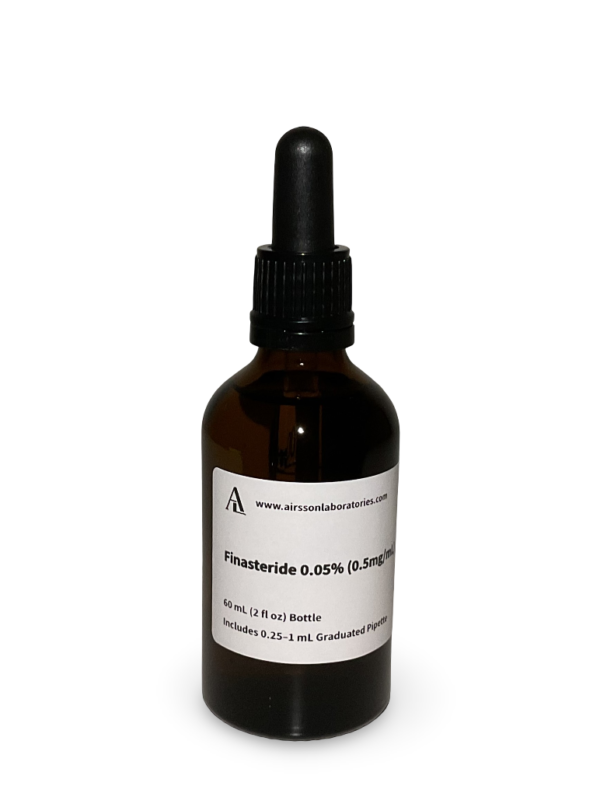 Amber glass bottle containing a Finasteride and Finasteride solution with black bulb graduated pipette
